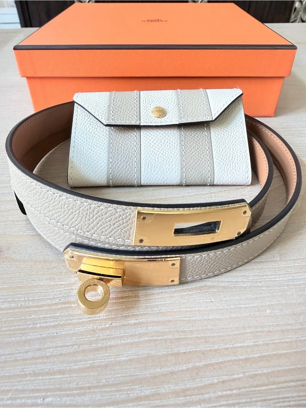 Hermes Kelly Pocket Bayadere 18 belt in Trench/Craie